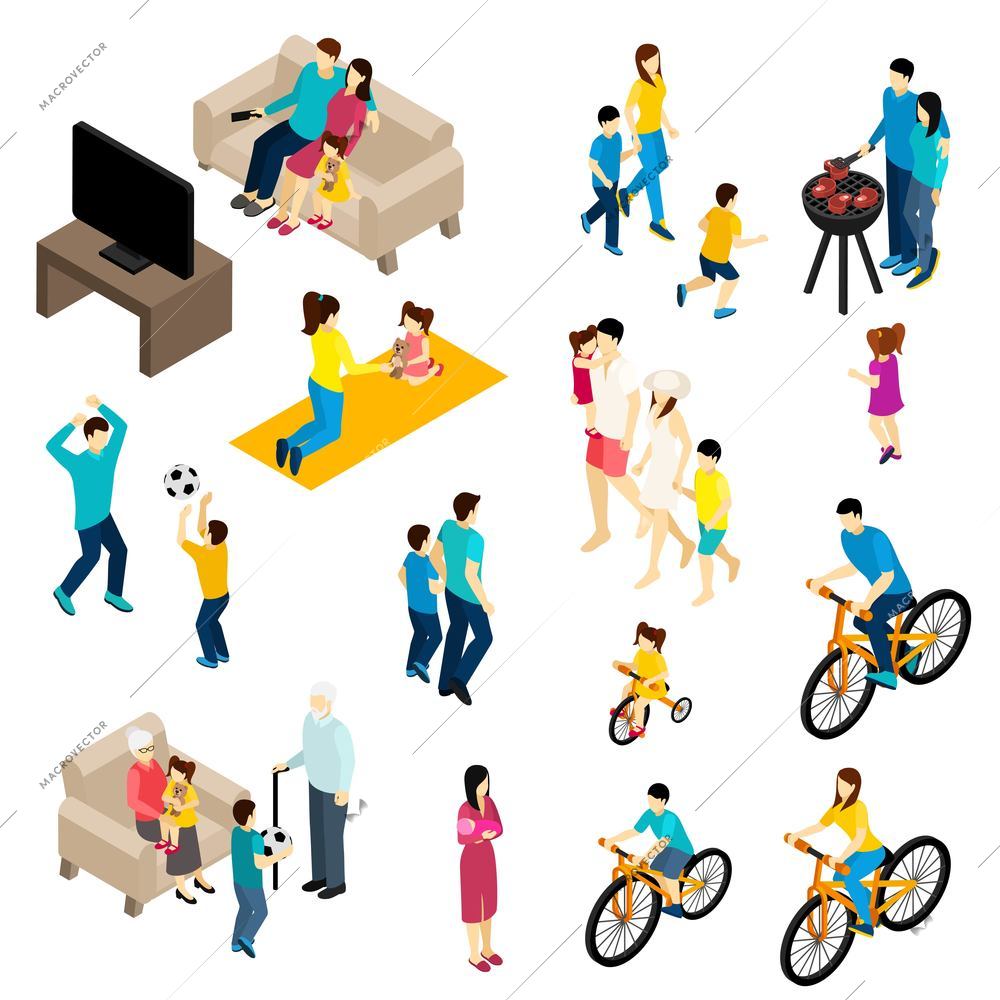 Family isometric set with free time and activities symbols isolated vector illustration