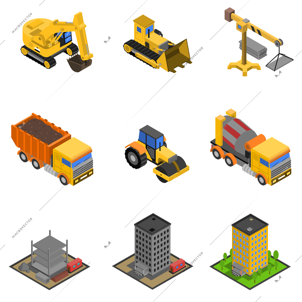 Construction isometric icons set with paver excavator and bulldozer isolated vector illustration