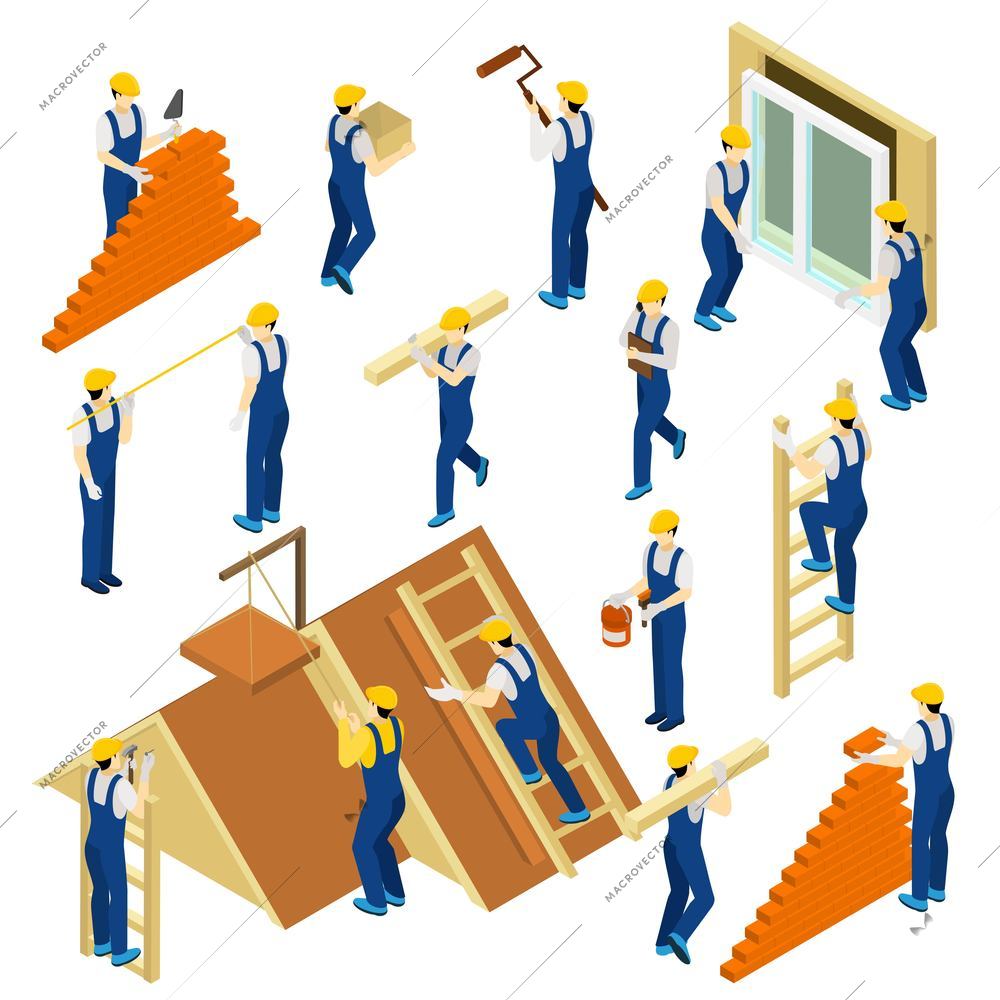 Builder isometric set with uniform materials and equipment isolated vector illustration