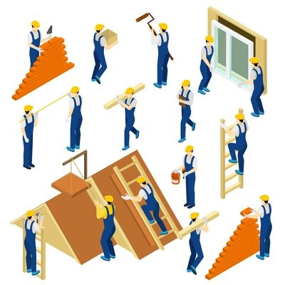 Builder isometric set with uniform materials and equipment isolated vector illustration