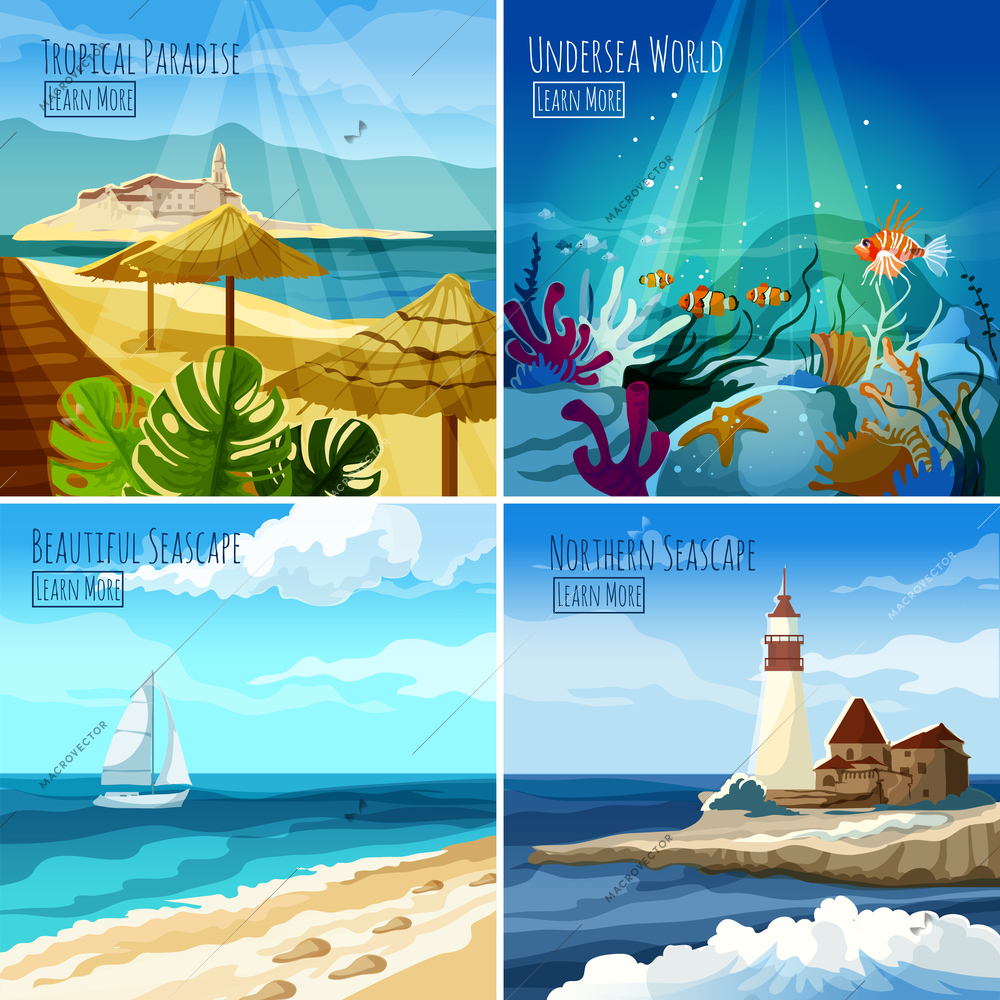 Seascape design concept set with tropical paradise and undersea world icons isolated vector illustration