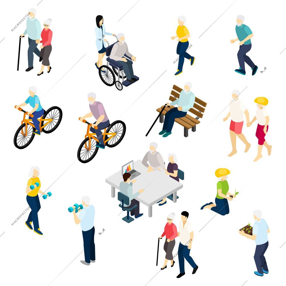 Pensioners life isometric set with health and activity symbols isolated vector illustration