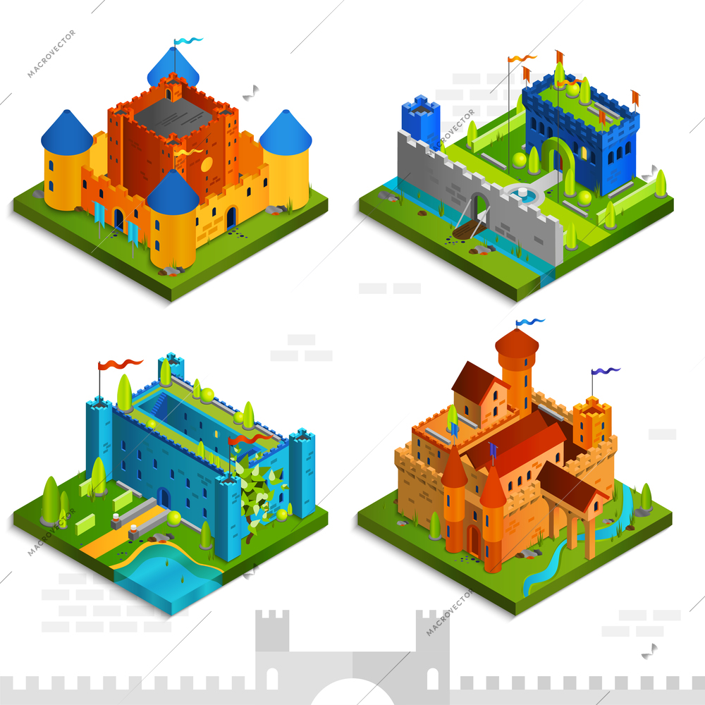 Medieval castles isometric collection with towers flags and walls in cartoon style vector illustration