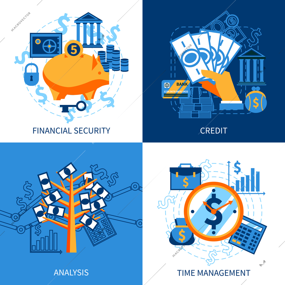 Flat design icons concept set of financial security crediting and management vector illustration