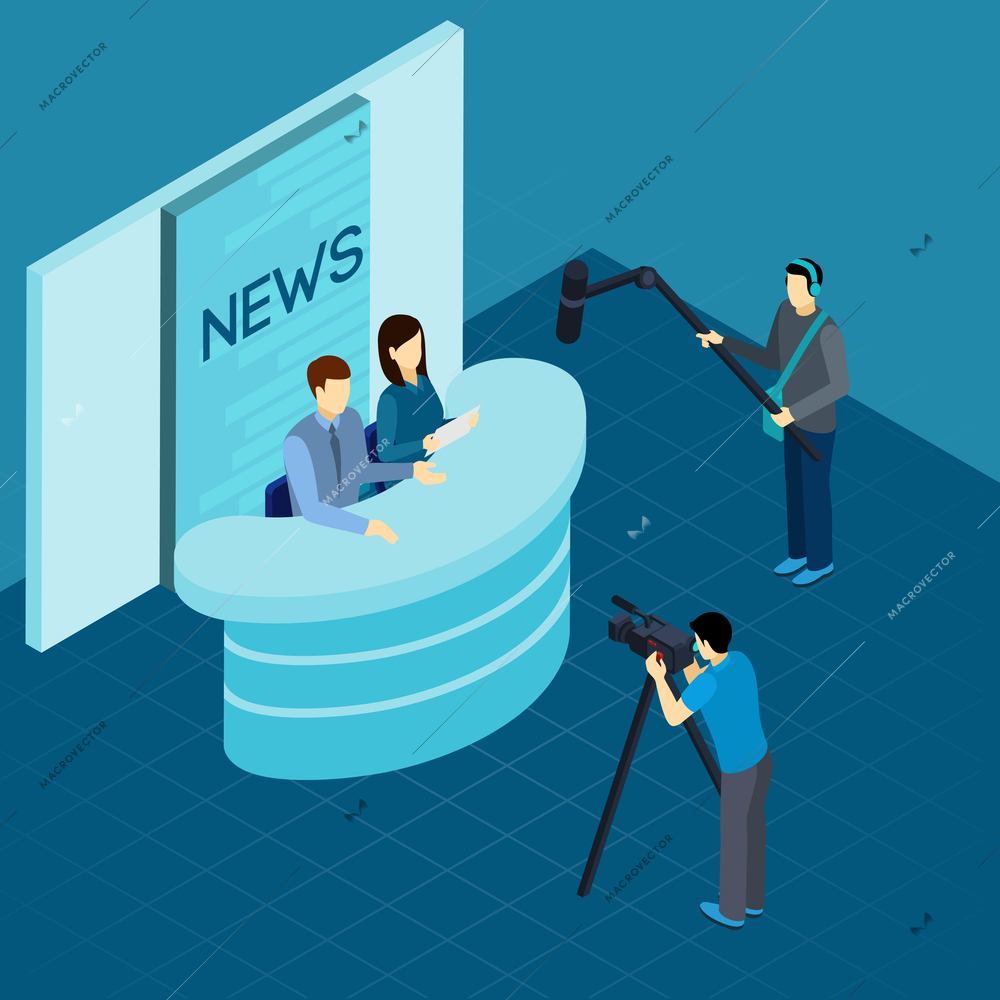 Professional journalist at work broadcasting breaking news live from tv studio isometric banner abstract vector illustration
