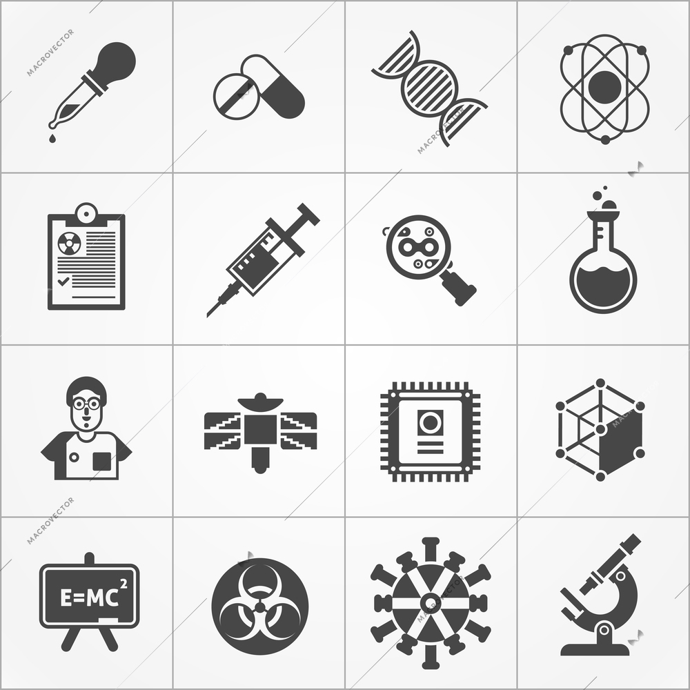 Science black white icons set with microscope and formula symbols flat isolated vector illustration