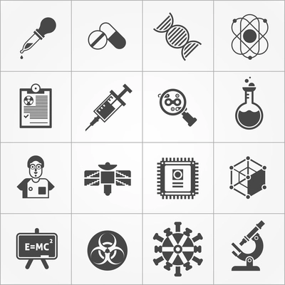 Science black white icons set with microscope and formula symbols flat isolated vector illustration