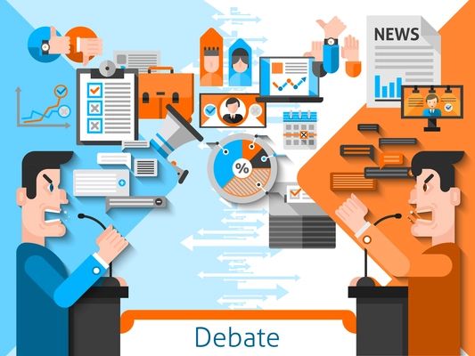 Elections and voting flat color composition with public debates of candidates in foreground and media icons in background vector illustration