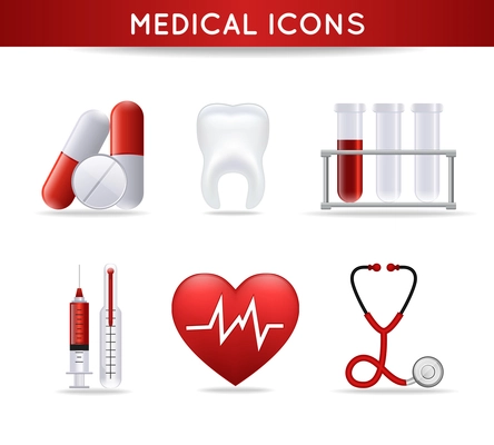 Health care medical icons set of pills heart rate tooth and stethoscope isolated vector illustration