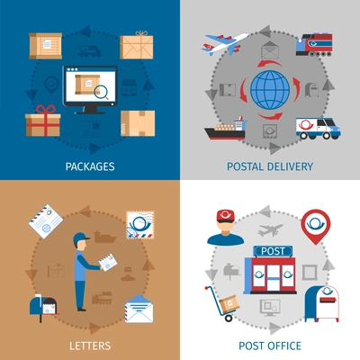 Mail concept icons set with packages post office and letters symbols flat isolated vector illustration
