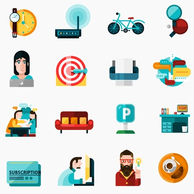 Coworking icons set with time and idea symbols flat isolated vector illustration