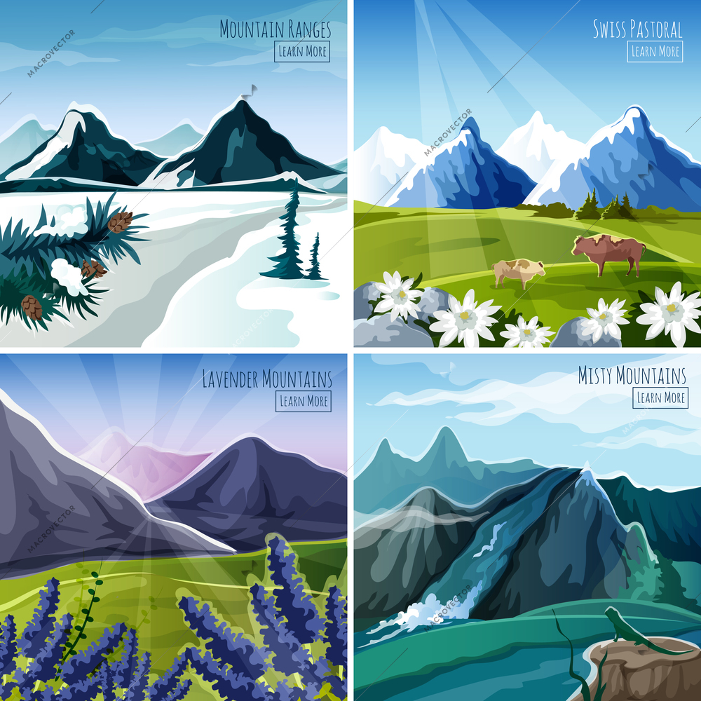 Mountain landscapes design concept set with flowers and animals icons isolated vector illustration