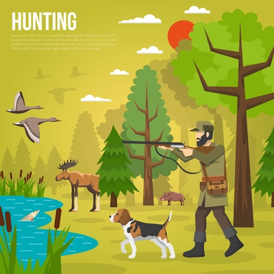 Colorful flat icons composition of  hunter aiming at ducks dog deer and boar in forest background vector illustration