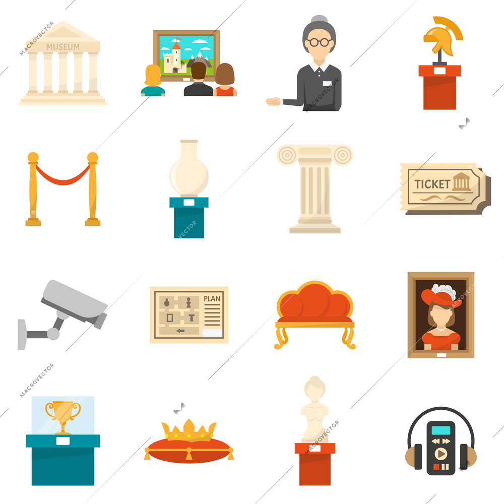 Museum decorative flat color icons set of exhibits audio guide headphones and ticket isolated vector illustration