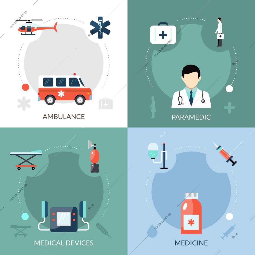 Emergency paramedic icons set with ambulance medical devices and medicine symbols flat isolated vector illustration