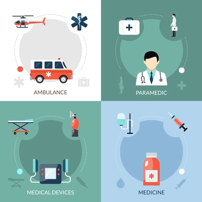 Emergency paramedic icons set with ambulance medical devices and medicine symbols flat isolated vector illustration