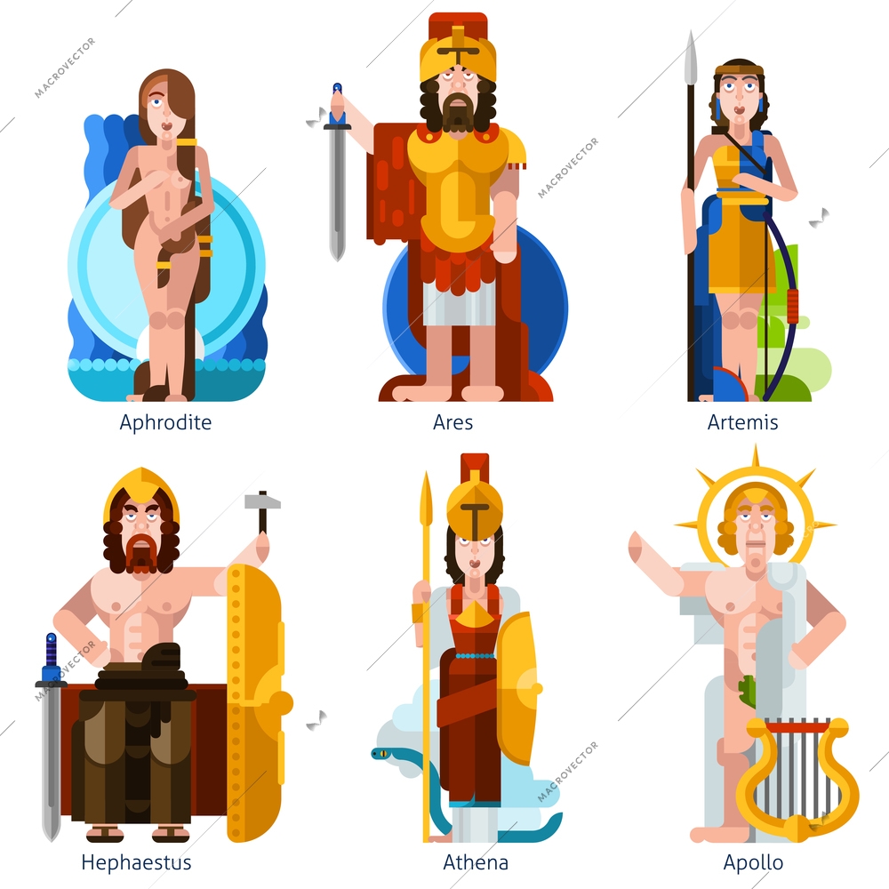 Flat color olympic gods icons set in cartoon style with aphrodite ares artemis hephaestus athena apollo figurines isolated vector illustration