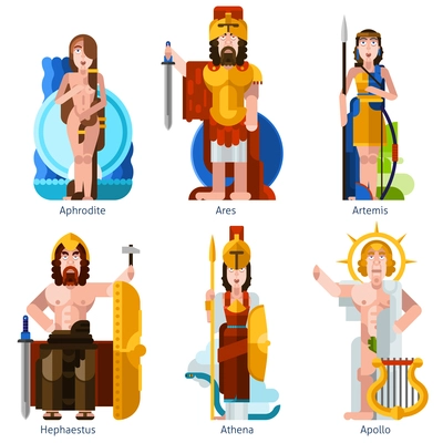 Flat color olympic gods icons set in cartoon style with aphrodite ares artemis hephaestus athena apollo figurines isolated vector illustration