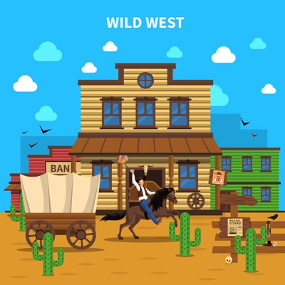 Cowboy concept with man on horse and saloon building on background vector illustration
