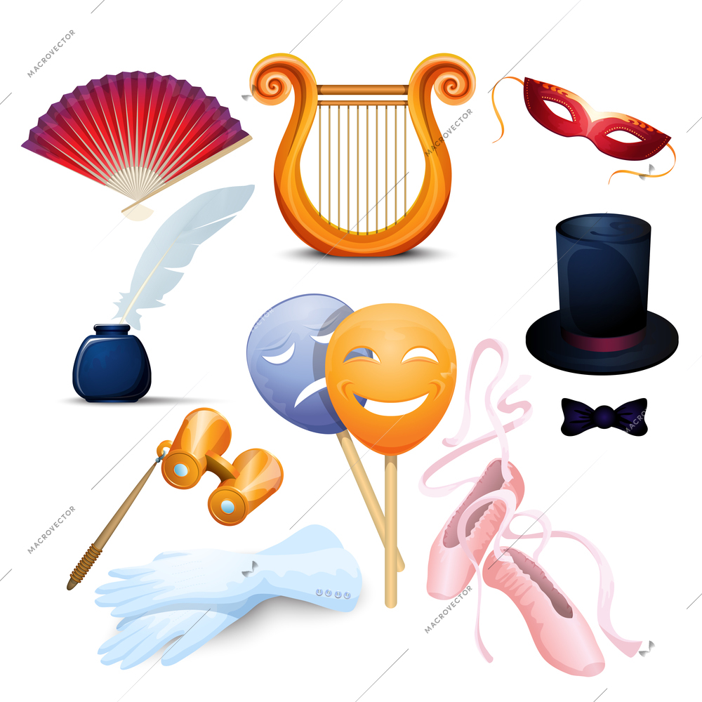 Theater symbols flat icons set with ballet point shoes and old-fashioned binocular abstract isolated vector illustration