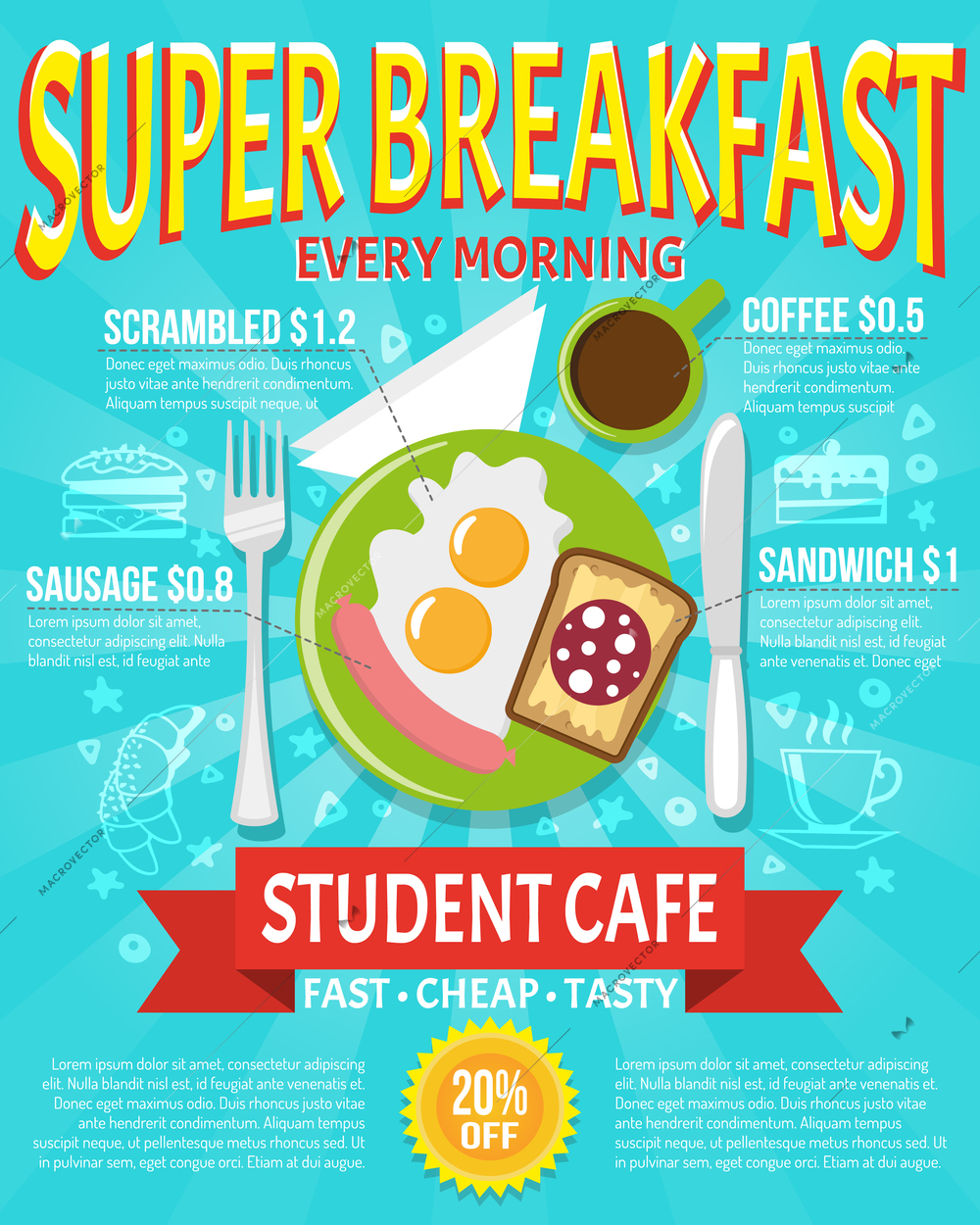 Breakfast poster for a student cafe with knife fork and plate flat vector illustration