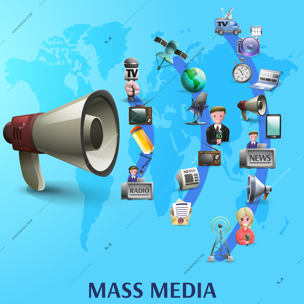 Mass media poster with news makers and devices icons on waves from big megaphone cartoon vector illustration
