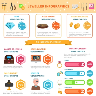 Jeweller infographics set with luxury industry symbols and charts vector illustration