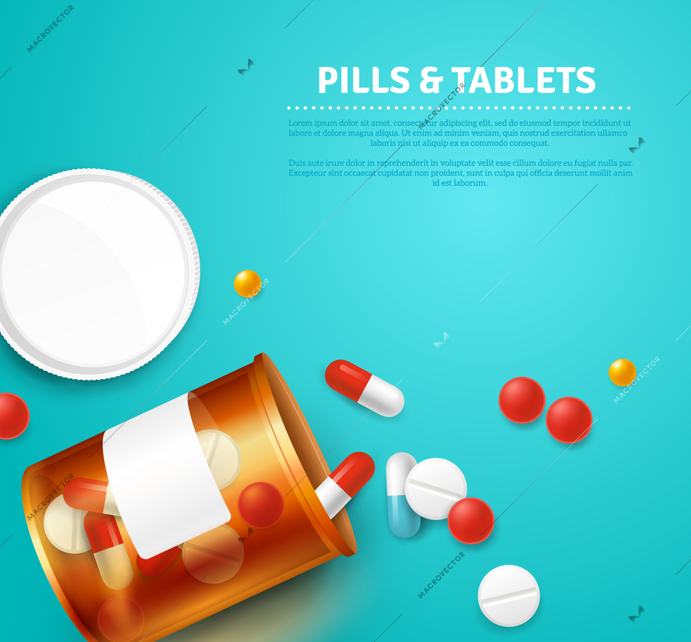 Pills capsules and tablets bottle on blue background realistic vector illustration