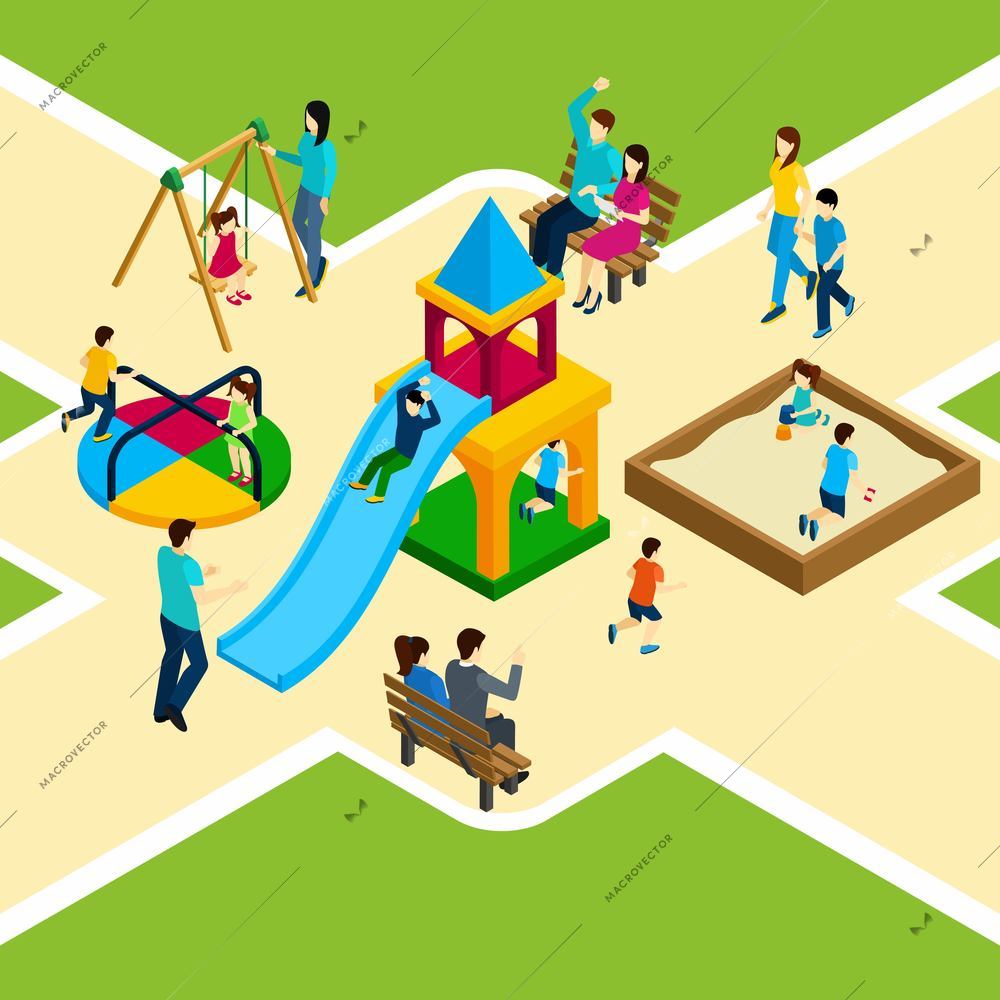 Isometric kids playground with happy families and children playing vector illustration