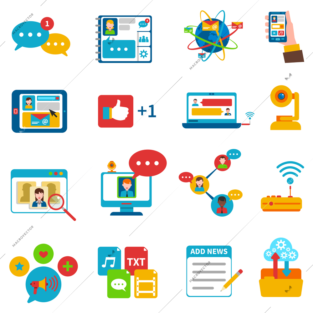 Social network icons set with online communication symbols flat isolated vector illustration