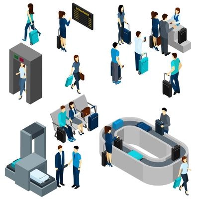 People in airport lounge and on security check isometric vector illustration