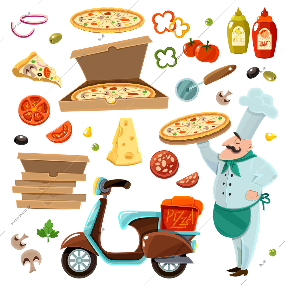 Pizza cartoon set with vegetables cheese and mushrooms isolated vector illustration