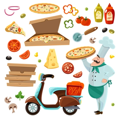 Pizza cartoon set with vegetables cheese and mushrooms isolated vector illustration