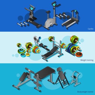 Three horizontal posters with realistic images of cardio weight training and bodyweight trainer isometric vector illustration