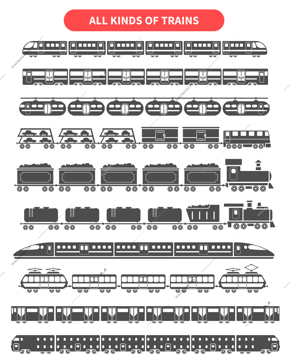 Subway and railroad train black decorative icons set isolated vector illustration