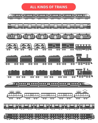 Subway and railroad train black decorative icons set isolated vector illustration