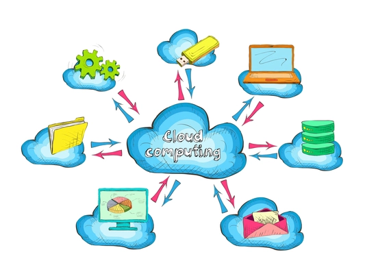 Cloud network technology service with connected devices and computers concept icon vector illustration