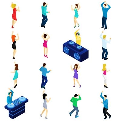 Dancing people and disco dj isometric set isolated vector illustration