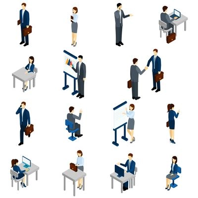 Business people isometric set with males and females in office suits isolated vector illustration