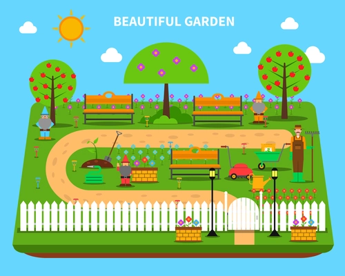 Garden concept with gardener and decorative plants and trees vector illustration