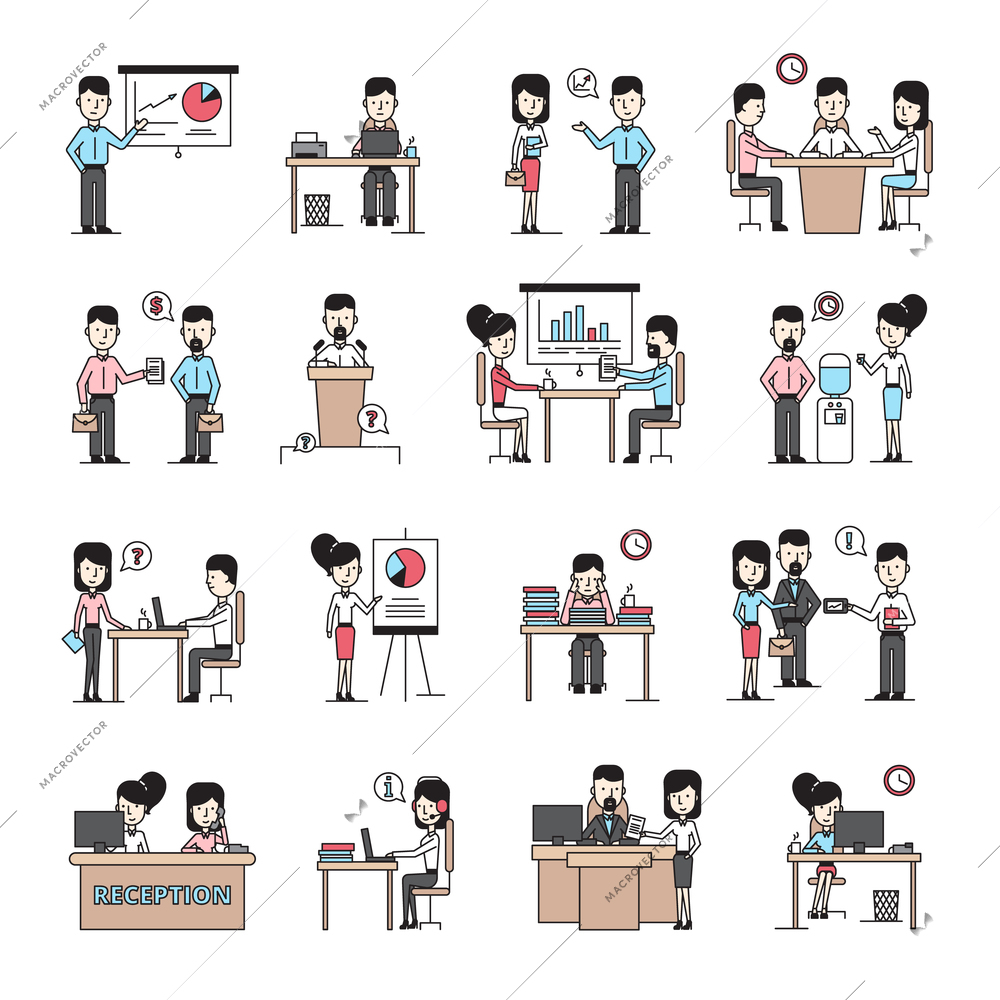 Business people workplace flat icons set with employees in office interior in cartoon style isolated vector illustration