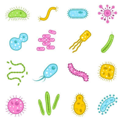 Bacteria and verus microscopic organisms flat icons set isolated vector illustration