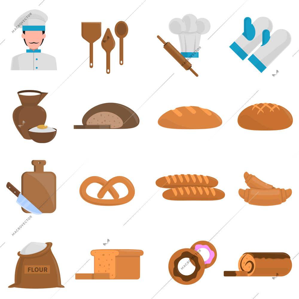 Bakery flat icons set with bread and pastry symbols isolated vector illustration