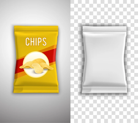 Chips realistic packaging design with blank white template and example isolated vector illustration