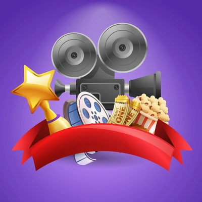 Cinema background with camera film reel and popcorn vector illustration