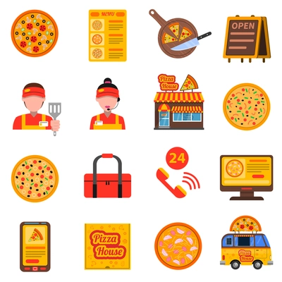 Pizza flat colored icons set with chef mobile order application and delivery truck isolated vector illustration