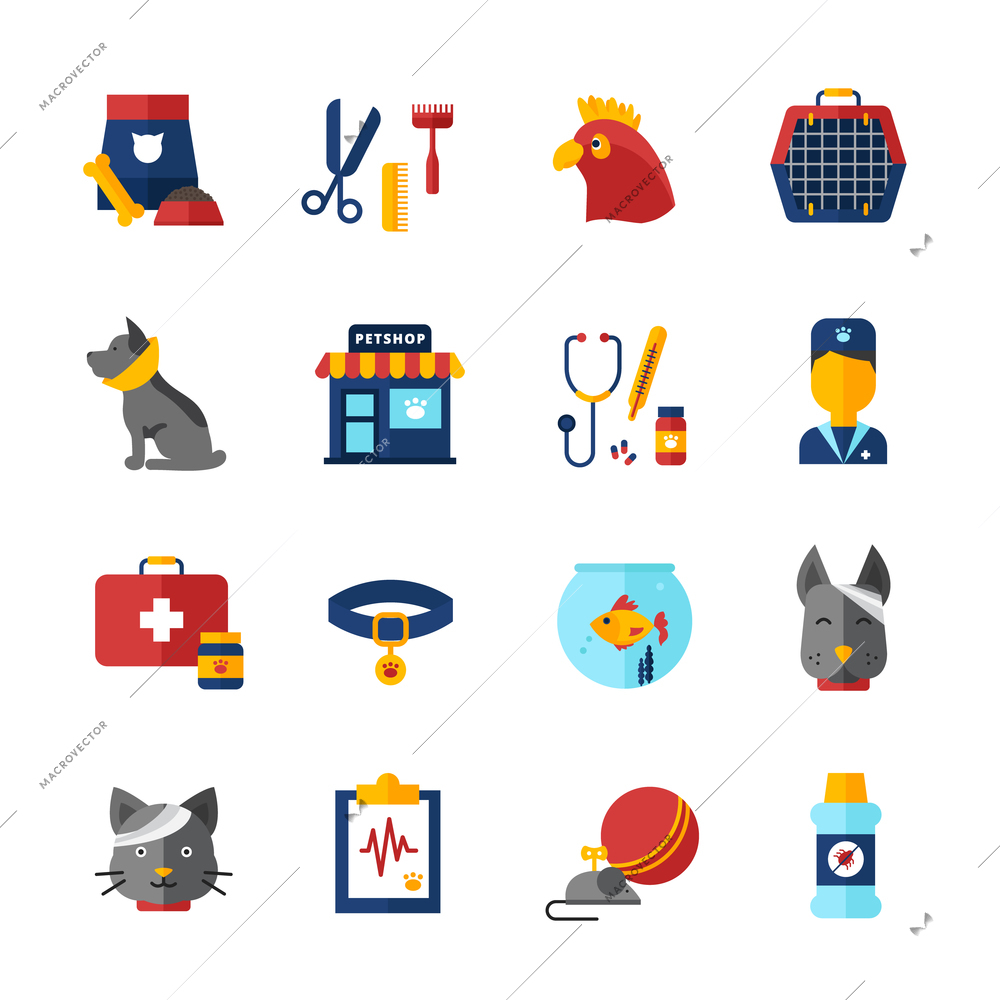 Pet vet decorative icons set with home animals pet shop medical bag collar and animal feed isolated vector illustration