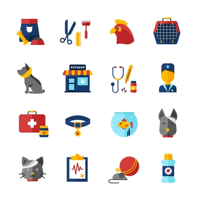 Pet vet decorative icons set with home animals pet shop medical bag collar and animal feed isolated vector illustration