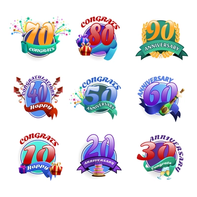 Anniversary emblems set with birthday celebration badges isolated vector illustration