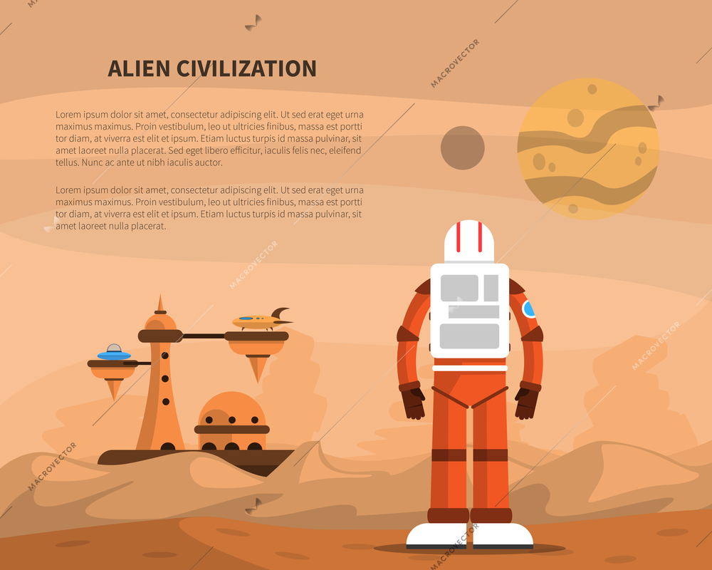 Space concept with astronaut on star surface and alien civilization buildings vector illustration